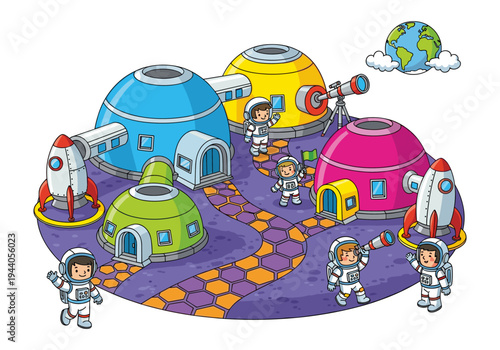 Cartoon astronauts explore a colorful space colony with rockets and domed habitats
