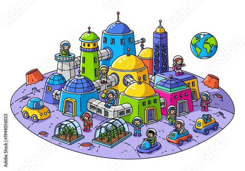 Cartoon astronauts explore a colorful, futuristic space colony with domed buildings and vehicles