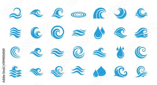 Collection of stylized water and wave icons in a blue color scheme Vector