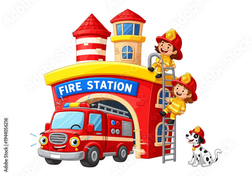 Cute cartoon firefighters and dalmatian dog at the fire station with a red truck