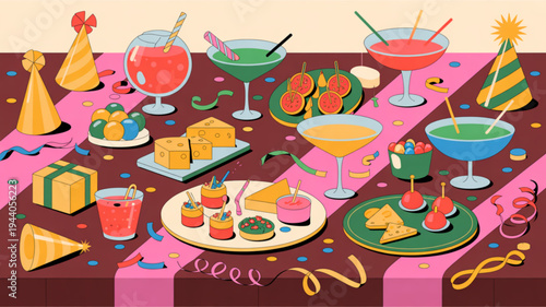 Colorful party table with assorted cocktails desserts and decorations on pink and brown tablecloths with confetti