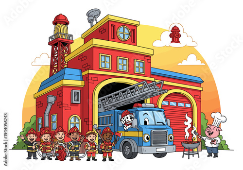 Cartoon firefighters and fire truck at station with a chef pig grilling food