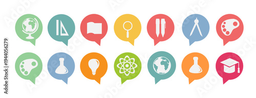 Row of colorful education speech bubble icons including globe, math tools, chemistry flask, light bulb and graduation cap, isolated on white background