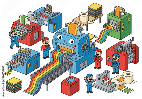 Cartoon printing factory with happy workers operating colorful machines and conveyor belts