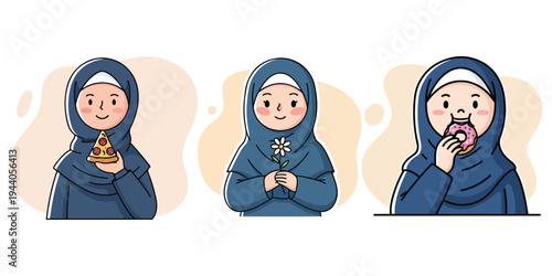 Cartoon illustration of a Muslim woman in a hijab enjoying pizza, a flower, and a donut