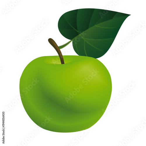 Fresh green apple with leaf, glossy realistic fruit illustration isolated on white background for healthy food, diet and nutrition concepts