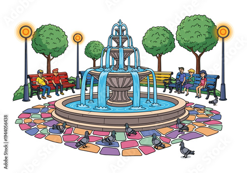 Cartoon park scene with a tiered fountain, people on benches, and pigeons on colorful paving stones
