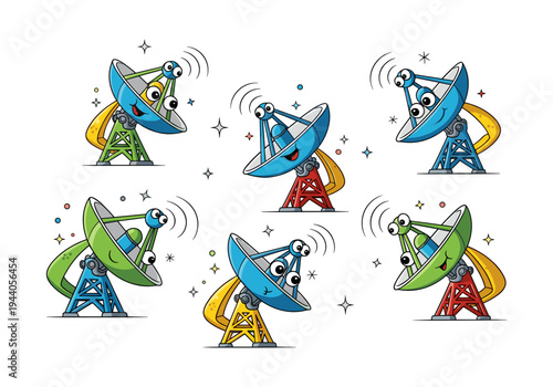 Cute cartoon satellite dishes with faces sending signals in space