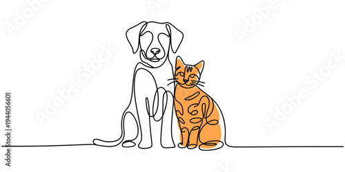 Dog cat line pet art logo animal outline puppy continuous illustration. Sketch dog cat line icon vector love doodle silhouette paw drawing kitten background linear design one sit graphic stroke vet