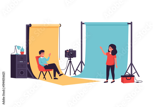 Professional photo studio setup with male and female models posing for a photoshoot