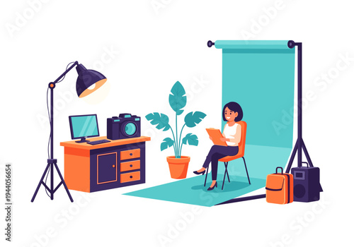 Creative studio setup with woman reviewing notes and professional photography equipment
