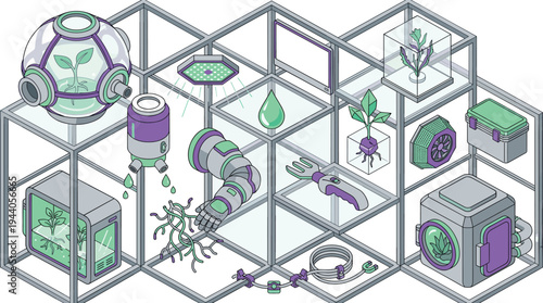 An isometric pixel art illustration displays various futuristic biotechnology and gardening equipment contained within a modular metal grid structure against a clean white background.
