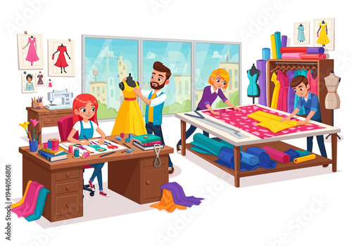 Fashion designers collaborate in a bright studio, creating new clothing designs and patterns