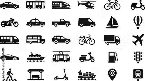 Comprehensive Collection Of Transport Icons Featuring Cars Buses Trains Helicopters Bicycles Scooters Ships And Urban Mobility Symbols For Graphic Design Projects