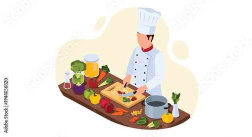 Isometric vector art shows a chef in a white uniform chopping fresh vegetables on a wooden board for a healthy gourmet meal.