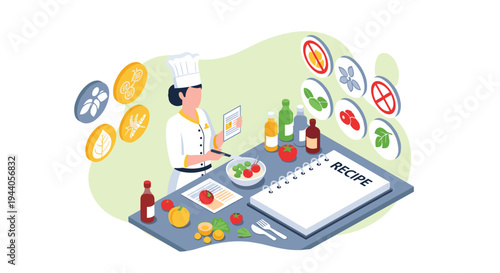 An isometric illustration of a female chef planning a menu with a recipe book and tablet, considering food allergens and dietary needs.