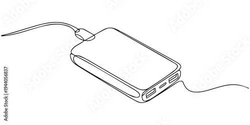 One line of power bank. Abstract minimal continuous line isolated on white background.