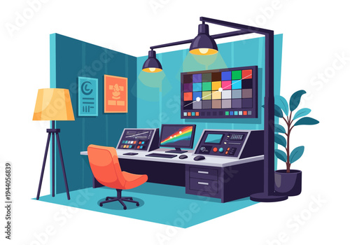 Modern graphic design studio with advanced color correction equipment and monitors