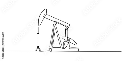 Oil pumpjack in single line draw illustration. Continuous one line drawing of Land oil drilling rig, Editable stroke.