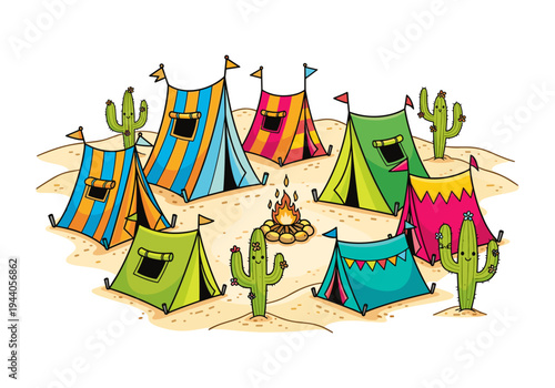Cute cartoon desert campsite with colorful tents, happy cacti, and a campfire