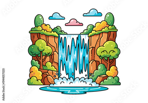 Vibrant cartoon waterfall cascading down rocky cliffs surrounded by lush greenery and clouds