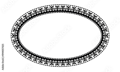 Oriental vector oval frame with arabesques and floral elements. Black and white pattern. Vintage, ethnic Asia frame ornament Kazakh, Kyrgyz, Mongol. For oval surface, ceramic, embroidery, plate. Vecto