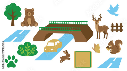 A colorful flat vector illustration set showing a wildlife crossing overpass with various animals, plants, and road elements.