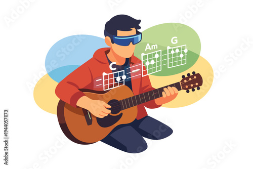 Man Playing Guitar Wearing Virtual Reality Headset Learning Chords.