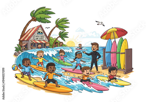 Children learning to surf at a beach surf school with instructor and colorful surfboards