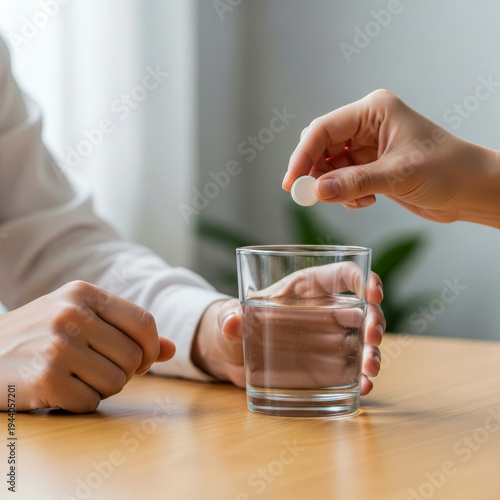 Hand dropping white tablet into glass of water close up. Concept of medication health care treatment dosage hydration prevention