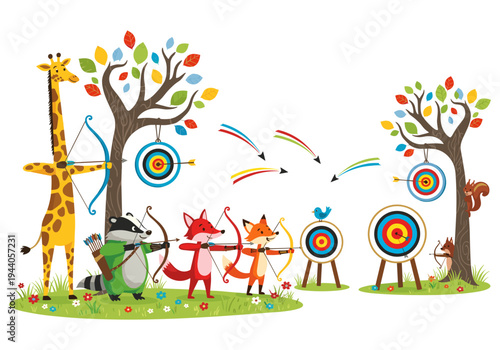 Cute cartoon animals practicing archery in a forest setting with colorful trees and targets