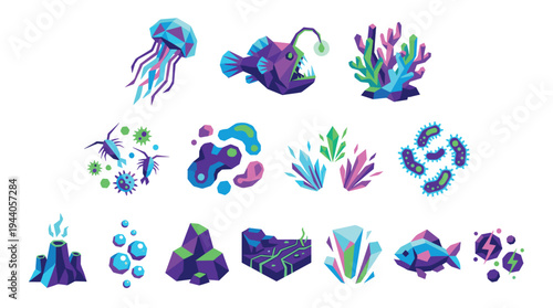A colorful set of fourteen deep-sea and bioluminescent themed icons in a vibrant, pixelated style, showcasing marine creatures and minerals on a white background.
