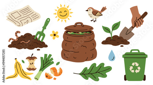 A set of charming, hand-drawn illustrations depicting the elements of composting, including organic waste, a bin, garden tools, and a happy sun, on a white background.