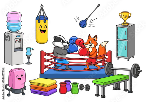 Cute cartoon badger and fox boxing in a ring with gym equipment and accessories