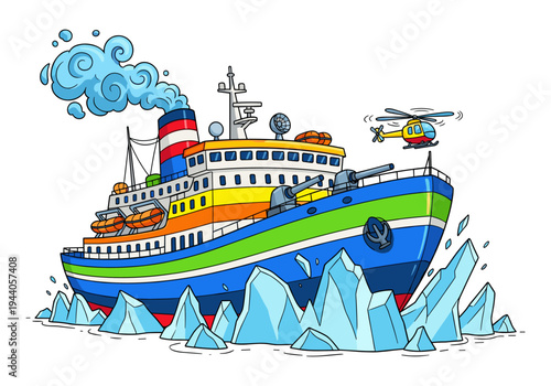 Cartoon icebreaker ship with helicopter flying nearby navigating through icy waters