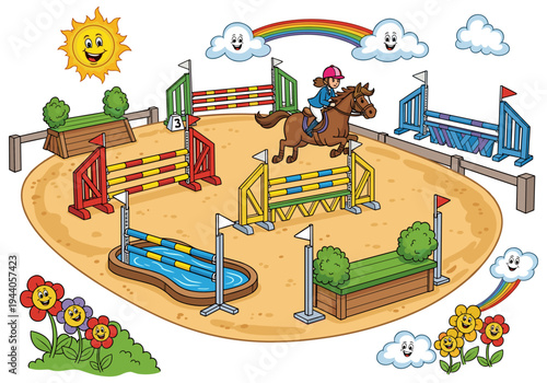 Cartoon equestrian jumping horse over colorful obstacles on a sunny day with rainbow