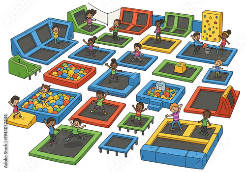 Diverse group of children enjoying various activities at a vibrant indoor trampoline park