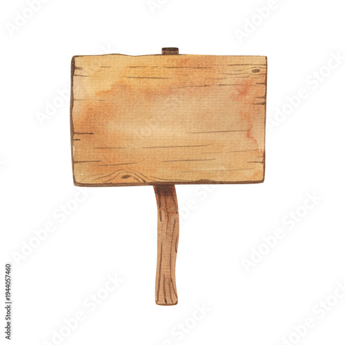 Illustration of a rectangular signboard, a wooden plank signpost, hand-drawn in watercolor. Information board with blank space.