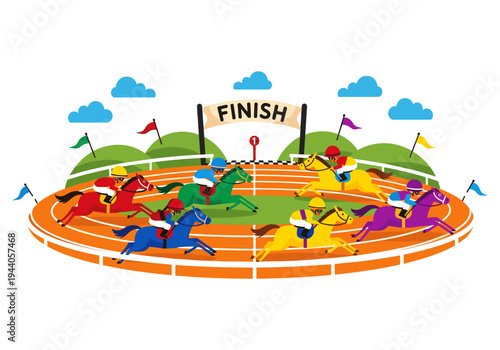 Horse race nearing the finish line with jockeys in colorful silks competing intensely