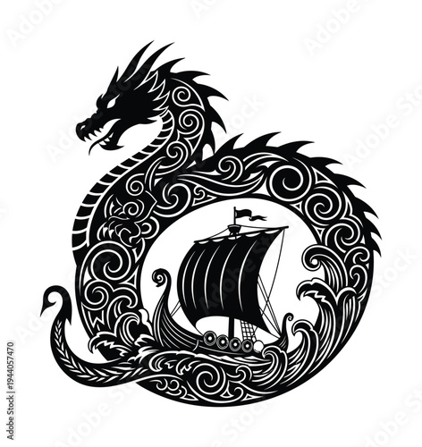 Vector of a serpent-like dragon coiling around a viking ship with intricate patterns