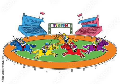 Cartoon horse race with jockeys and spectators at the finish line