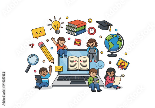 Children engage in online learning with digital tools and educational symbols