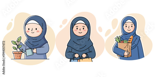 Muslim women in hijab engaging in everyday activities, gardening, and shopping