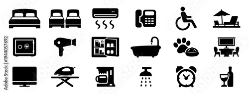 Hotel Room Amenities Icons Set – Accommodation Facilities and Guest Comfort Symbols Black Solid Silhouette