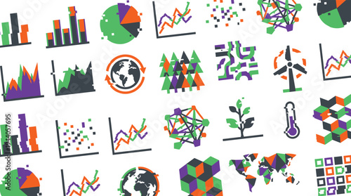 A collage of various data visualization and environmental icons, including charts and graphs, designed with a colorful glitch art style.