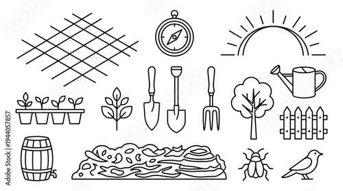 A set of twelve black line art icons for gardening, composting, and agriculture, including tools, seedlings, a trellis, and a compost pile.