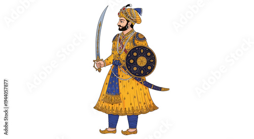 Indian Maharaja warrior in traditional royal clothing with sword and shield vector illustration