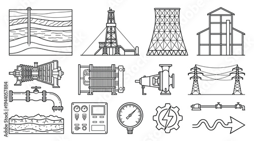 A collection of black outline icons representing the energy industry, including a drilling rig, power plant, turbine, and industrial equipment.