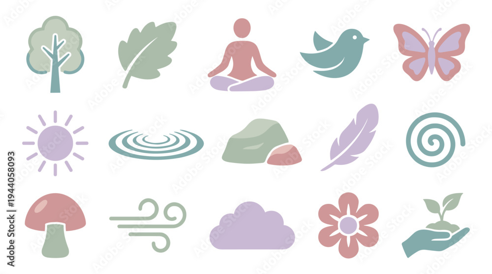 Obraz premium A collection of fifteen serene, flat design icons for nature, meditation, and wellness, featuring elements like trees, birds, and yoga poses on a white background.