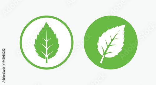 Two green leaf icons enclosed in circular frames with subtle shading effects Vector